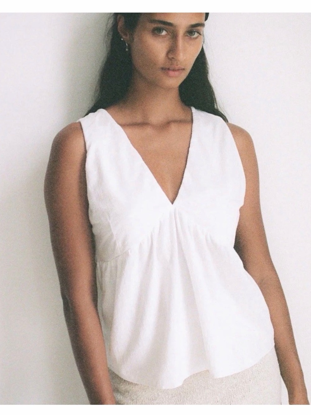 Indigo Luna Mokki V-Neck White Sleeveless Top with Subtle Gather 100% Cotton
